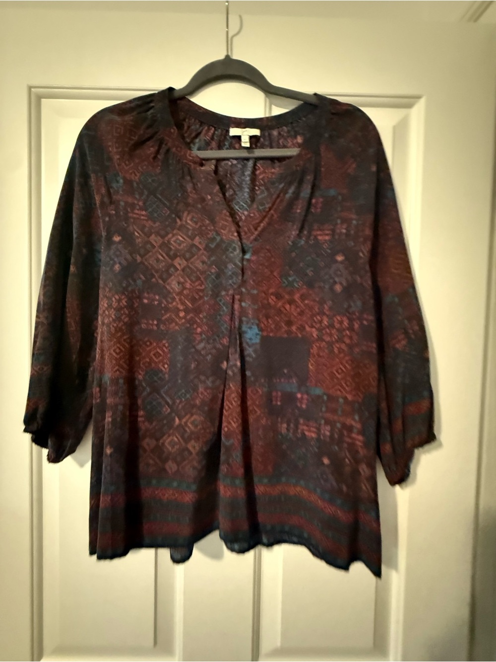 Joie Boho Patchwork Peasant Silk Tunic in Burgundy & Navy